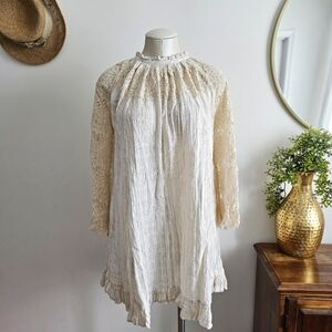 Anthropologie TRYB Rory Lace Babydoll Cotton Cream Bohemian Bell Sleeves Dress S